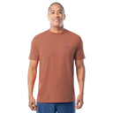 Man wearing a brown t-shirt with a Guy Harvey logo on a white background