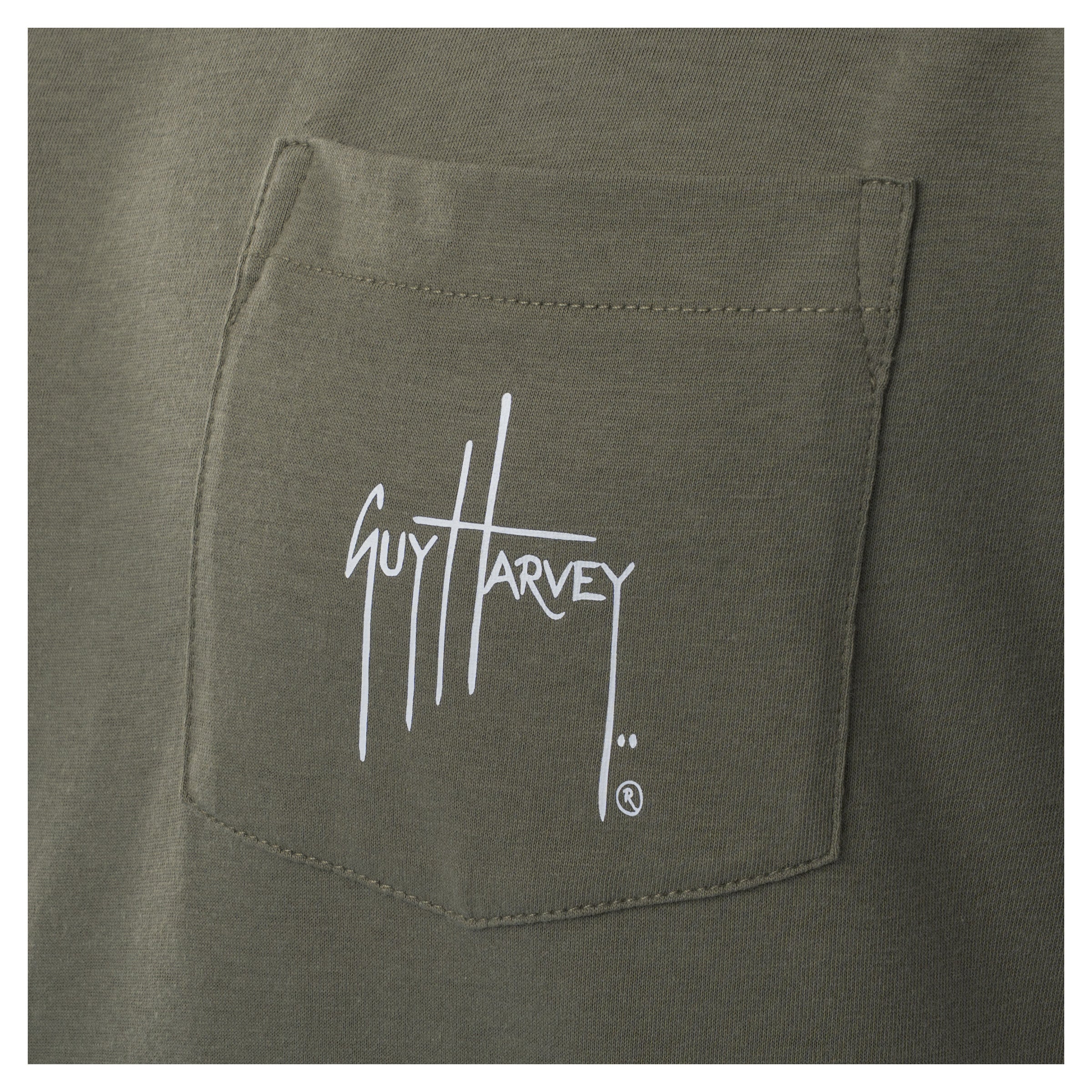 Green pocket with Guy Harvey logo on a white background