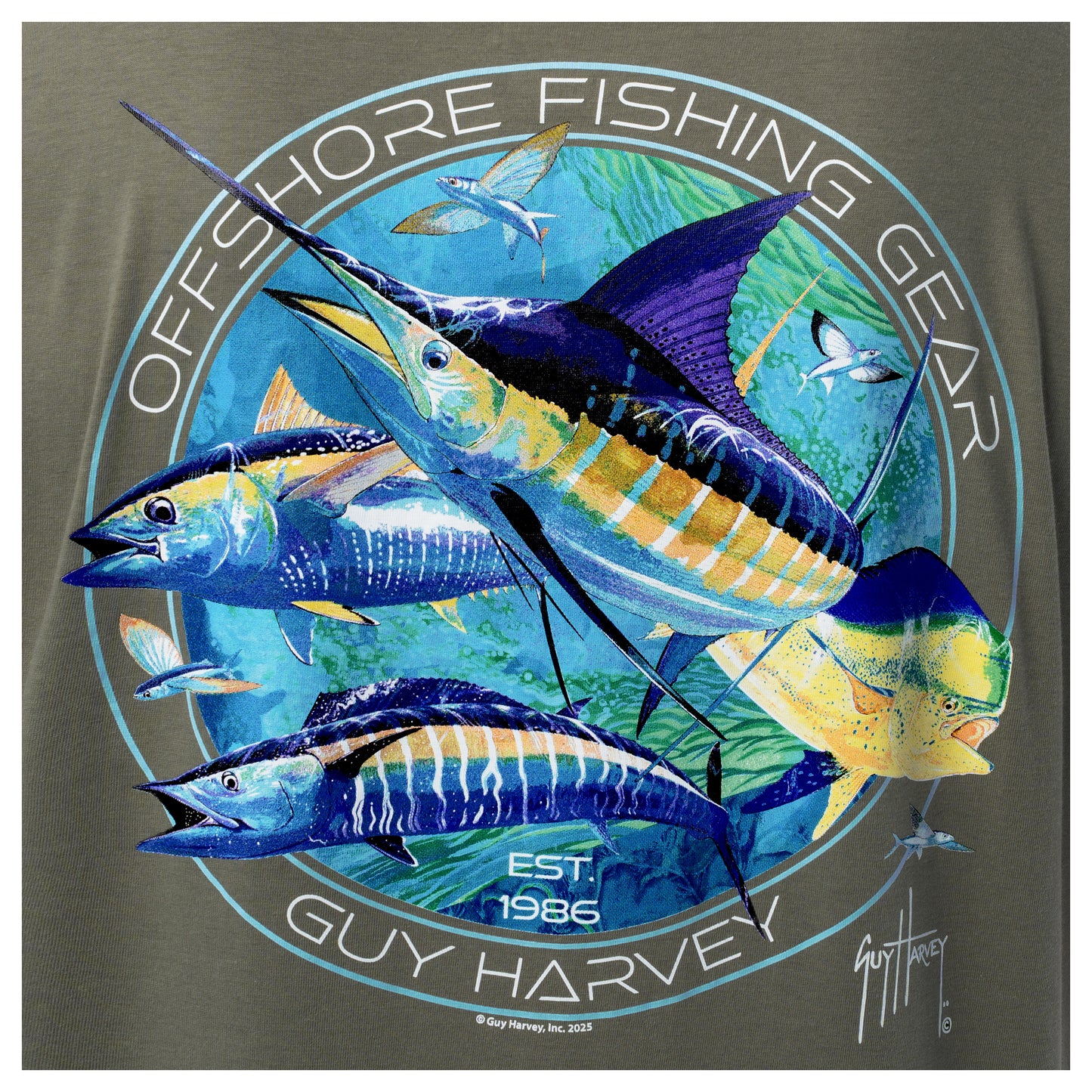 T-shirt with Guy Harvey offshore fishing gear design featuring marlin, dorado, wahoo and Tuna.