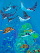 A colorful underwater painting with rays