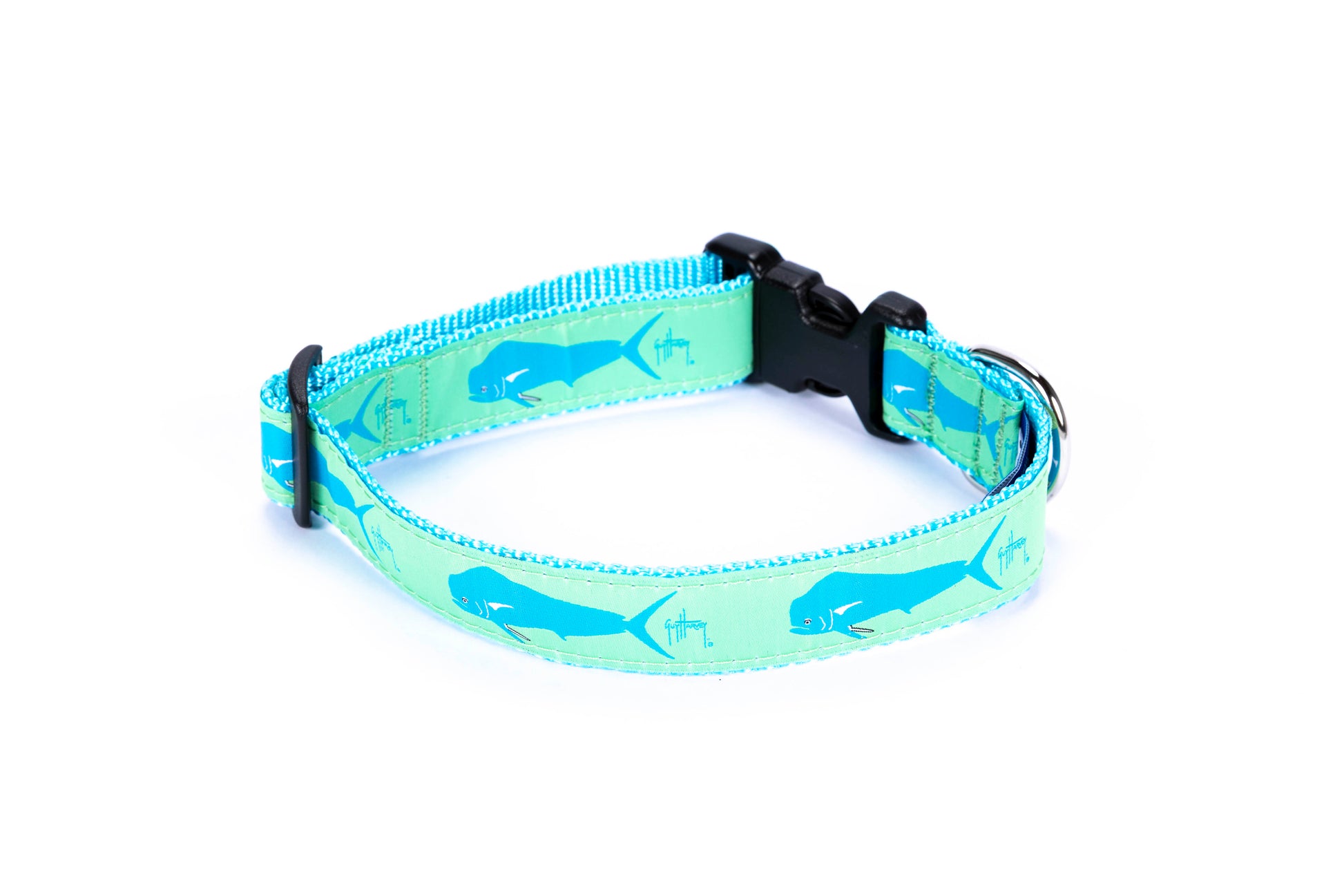 Guy Harvey Green Dorado Dog Collar with aqua fish design on durable nylon strap