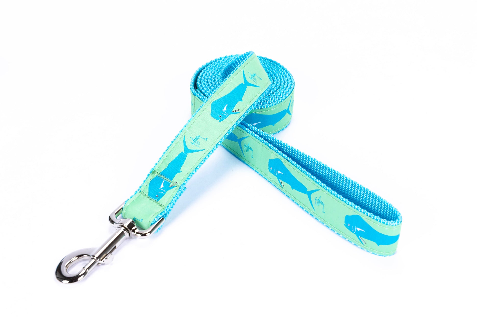 Guy Harvey Green Dorado Dog Leash with aqua fish design on durable nylon strap