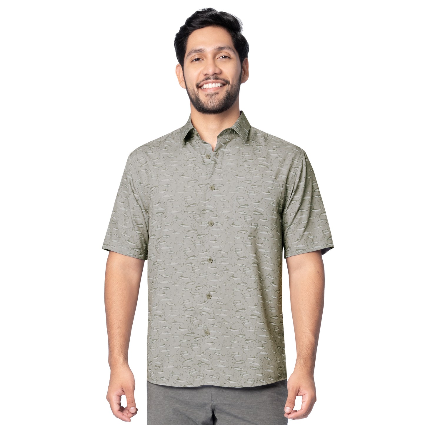 Man wearing gray Men’s AO Slam short-sleeve performance fishing shirt with fish print, UPF 40, and ventilated back.