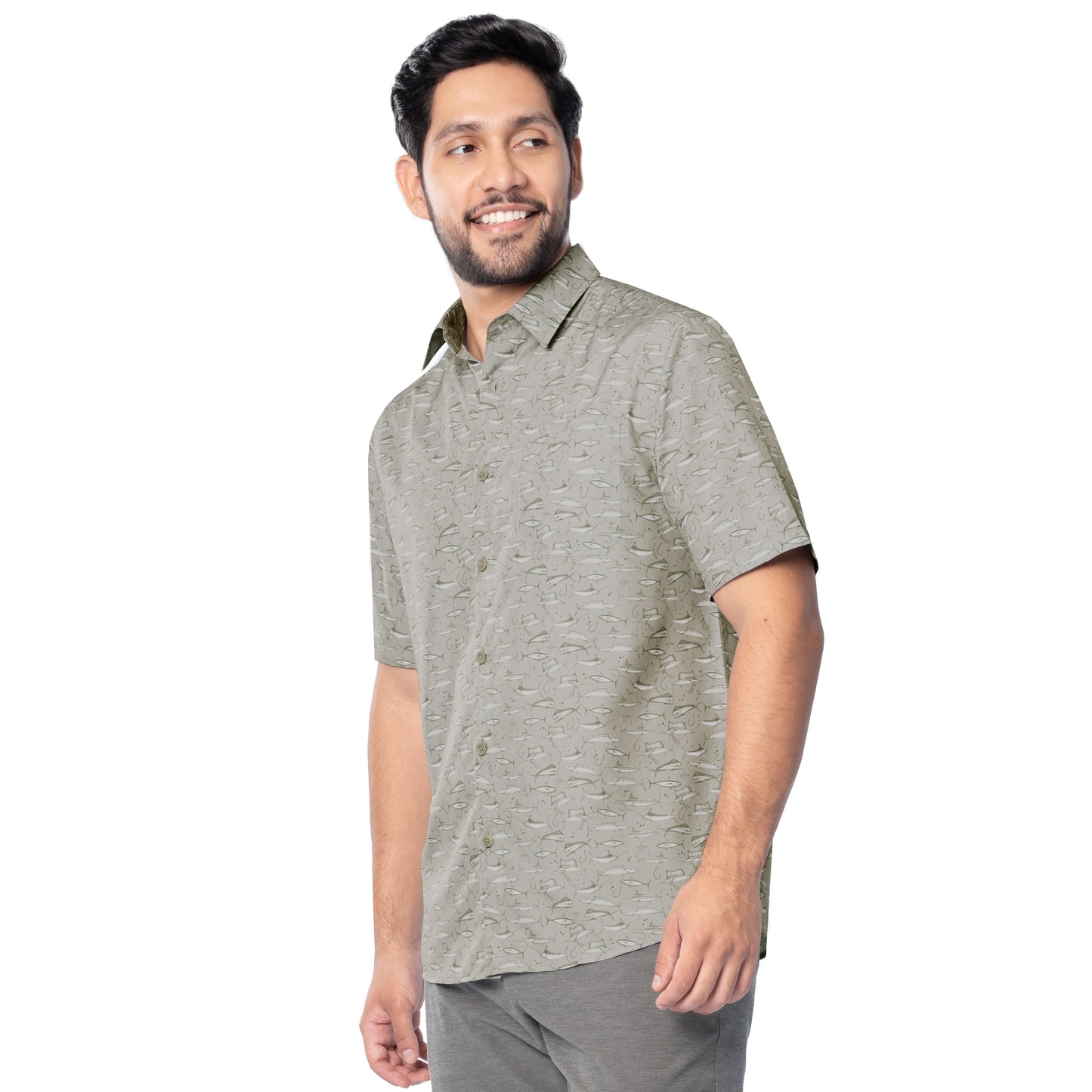 Man wearing a gray patterned shirt on a white background