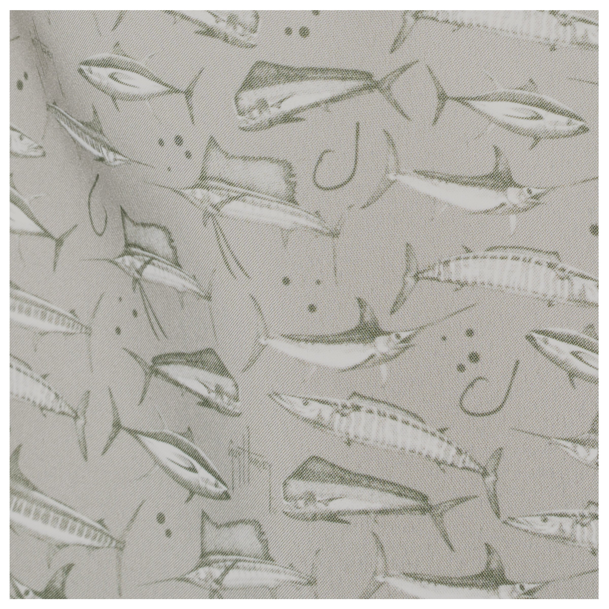 Fabric with fish and hook pattern on a gray background