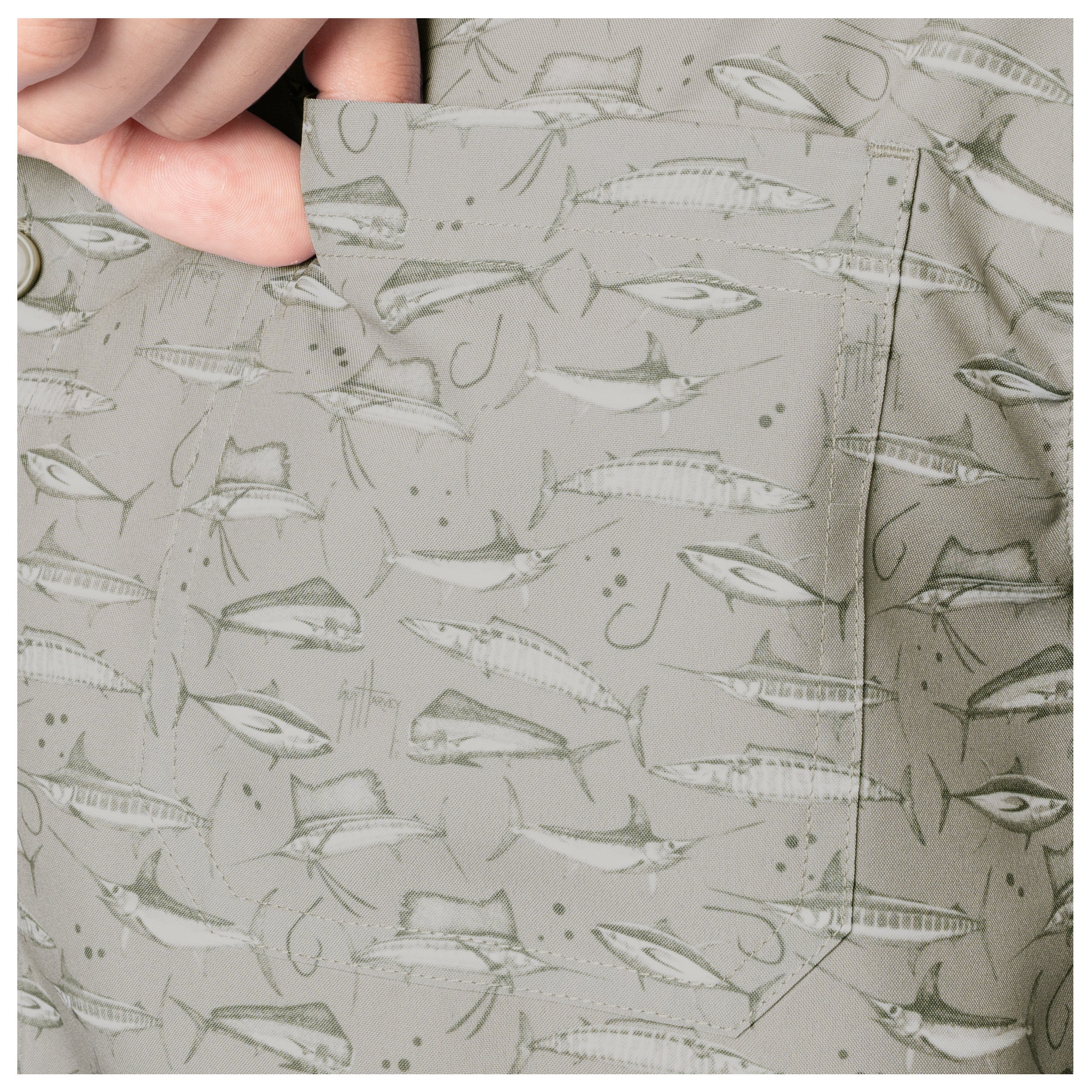 Pocket with fish pattern held by a hand on a light gray background