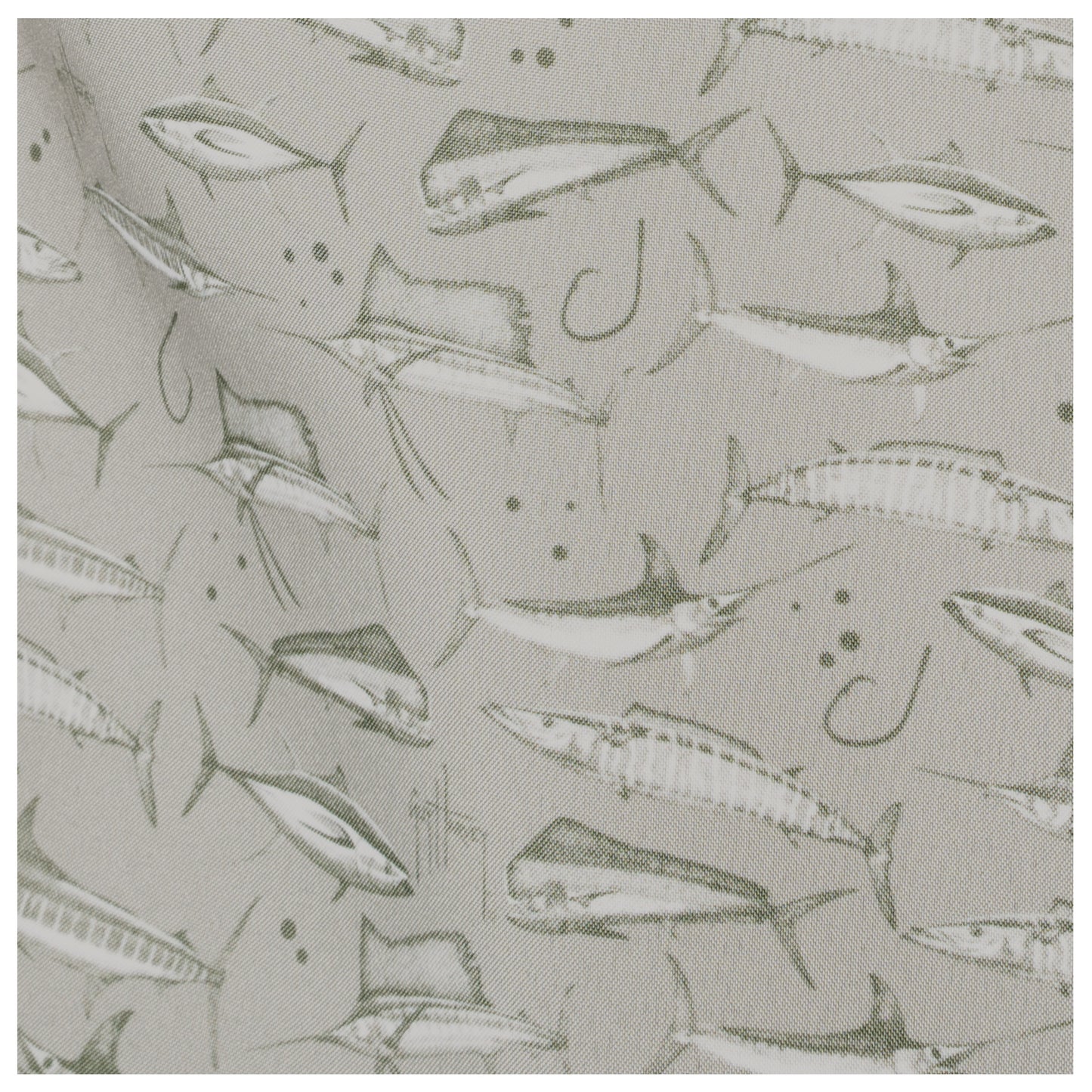 Fabric with fish and hook pattern on a gray background