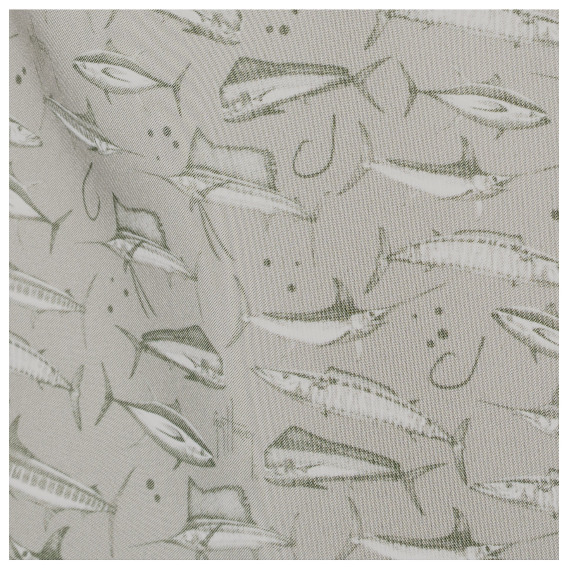Fabric with fish and hook pattern on a gray background