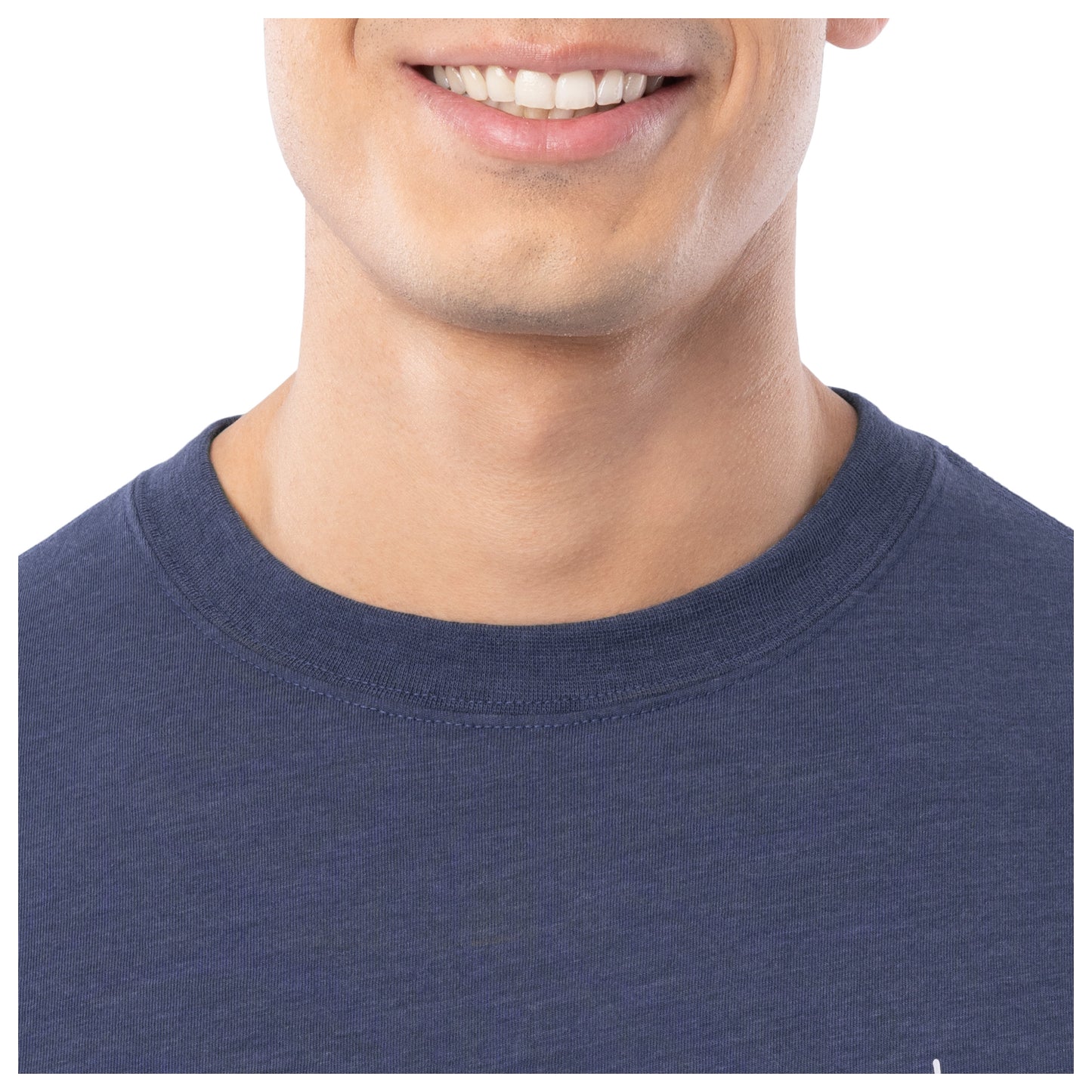 Close-up of a person wearing a blue shirt with a plain background