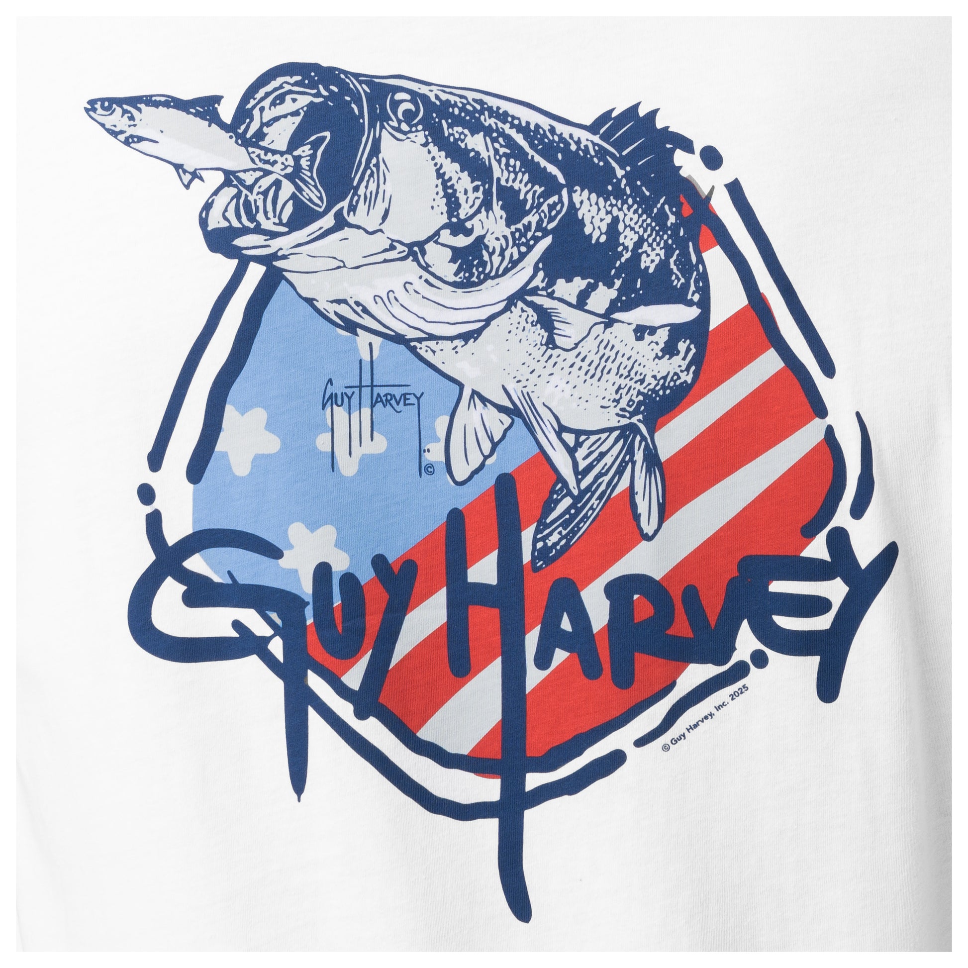 Guy Harvey signature with a Bass design and red and blue stripes on a white background