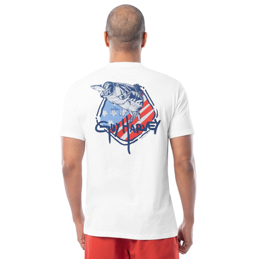 Man wearing a white t-shirt with Guy Harvey bass design in the back, standing against a white background