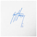 Blue signature on a white background