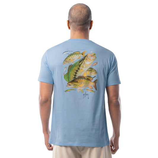 Back view of Guy Harvey Men's Freshwater Collage Lightweight Tee featuring colorful bass and freshwater fish artwork