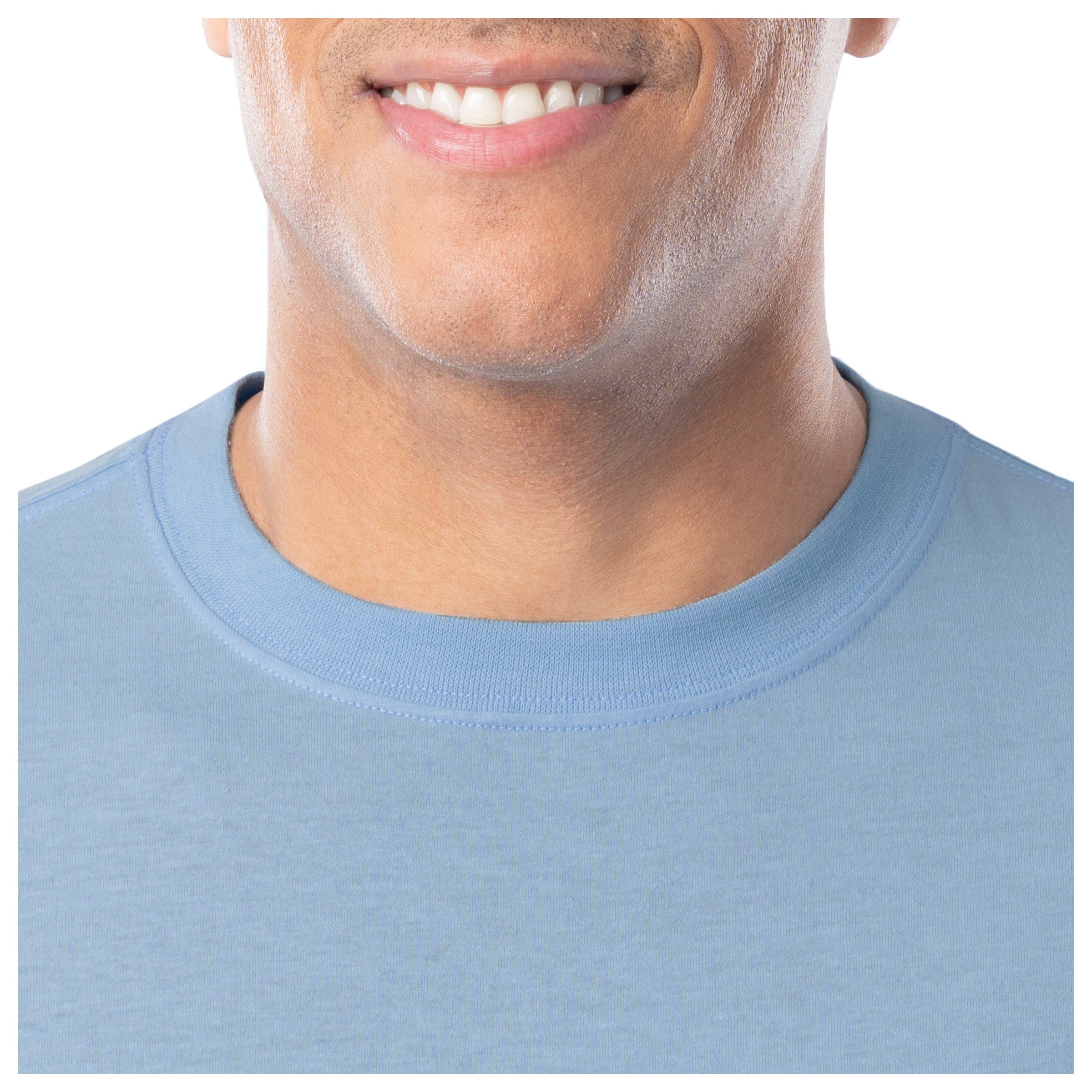 Close-up of a person wearing a light blue shirt with a white background