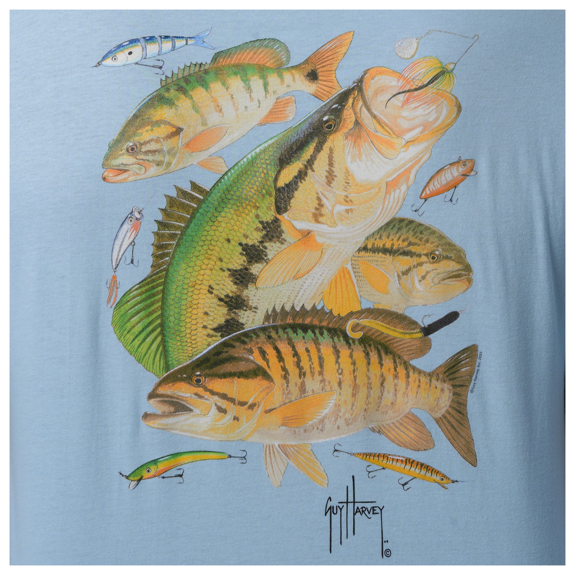 Fishing-themed t-shirt with illustrations of Bass fish and lures on a light blue background.