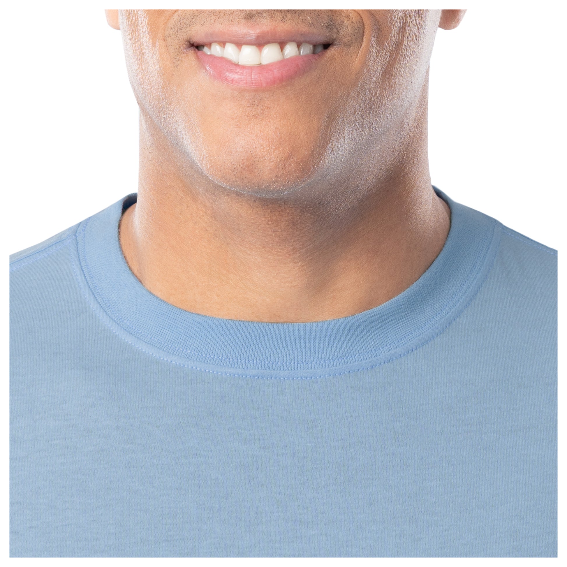 Close-up of a person wearing a light blue shirt with a white background