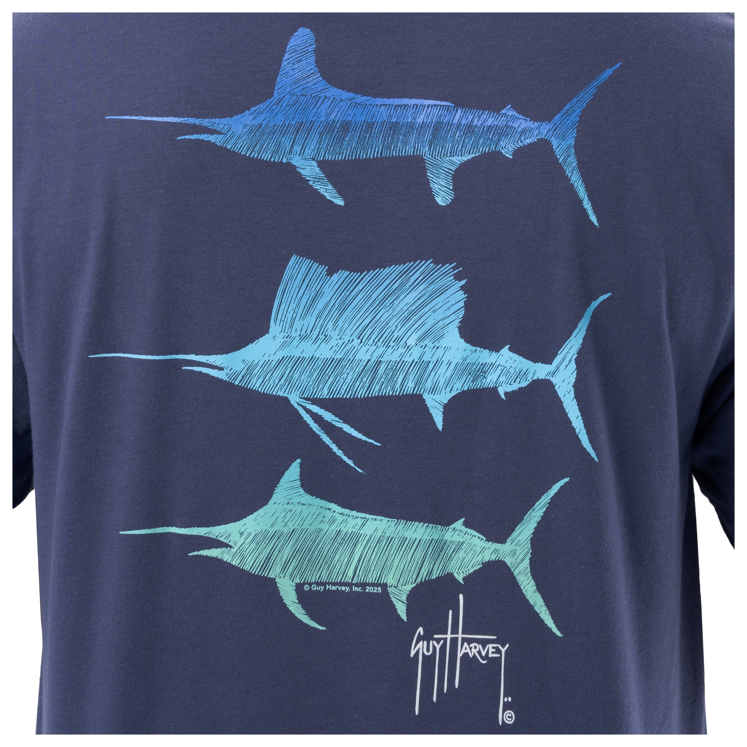 Navy blue t-shirt with Guy Harvey marlin and sailfish design on a white background