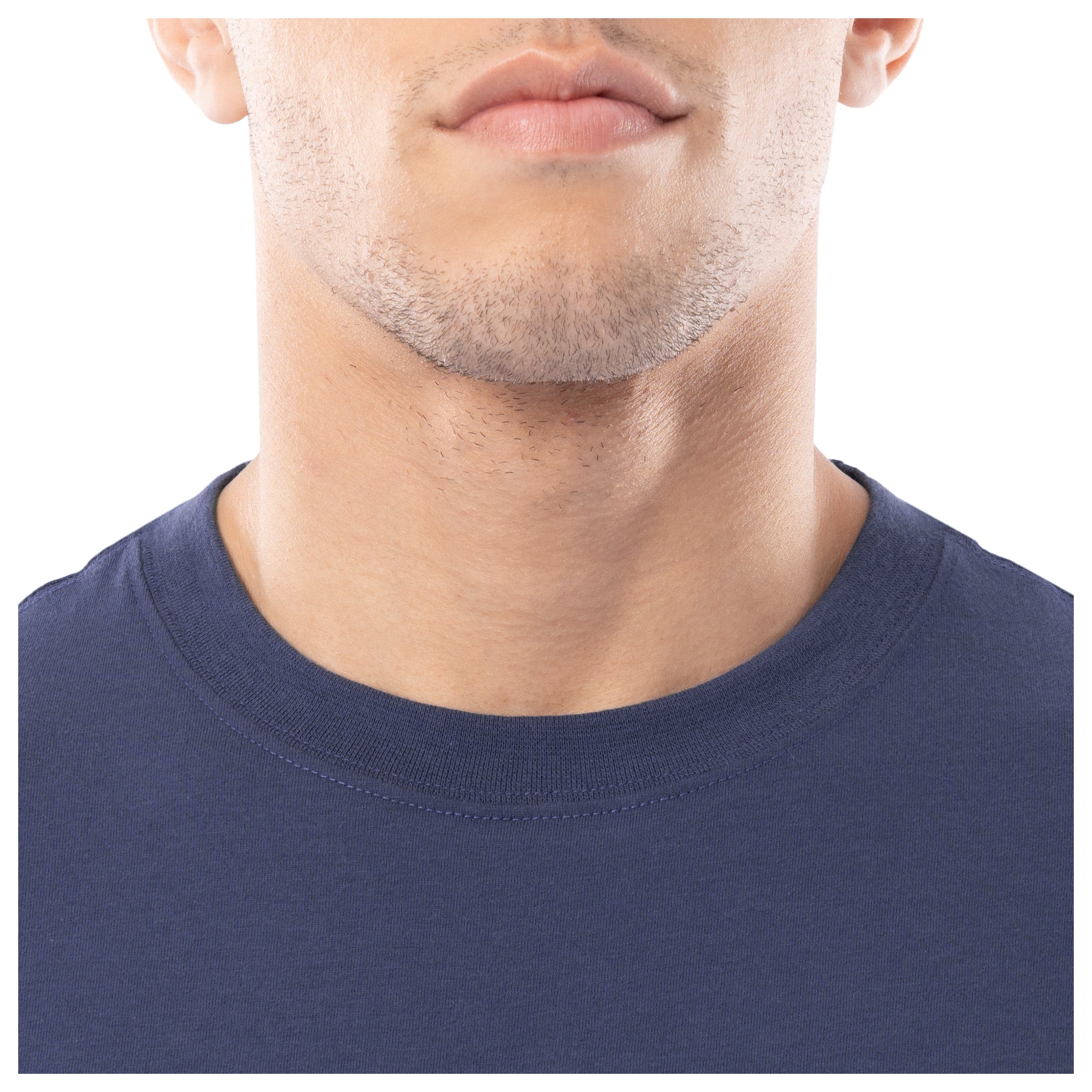 Close-up of a person wearing a navy blue shirt with a white background