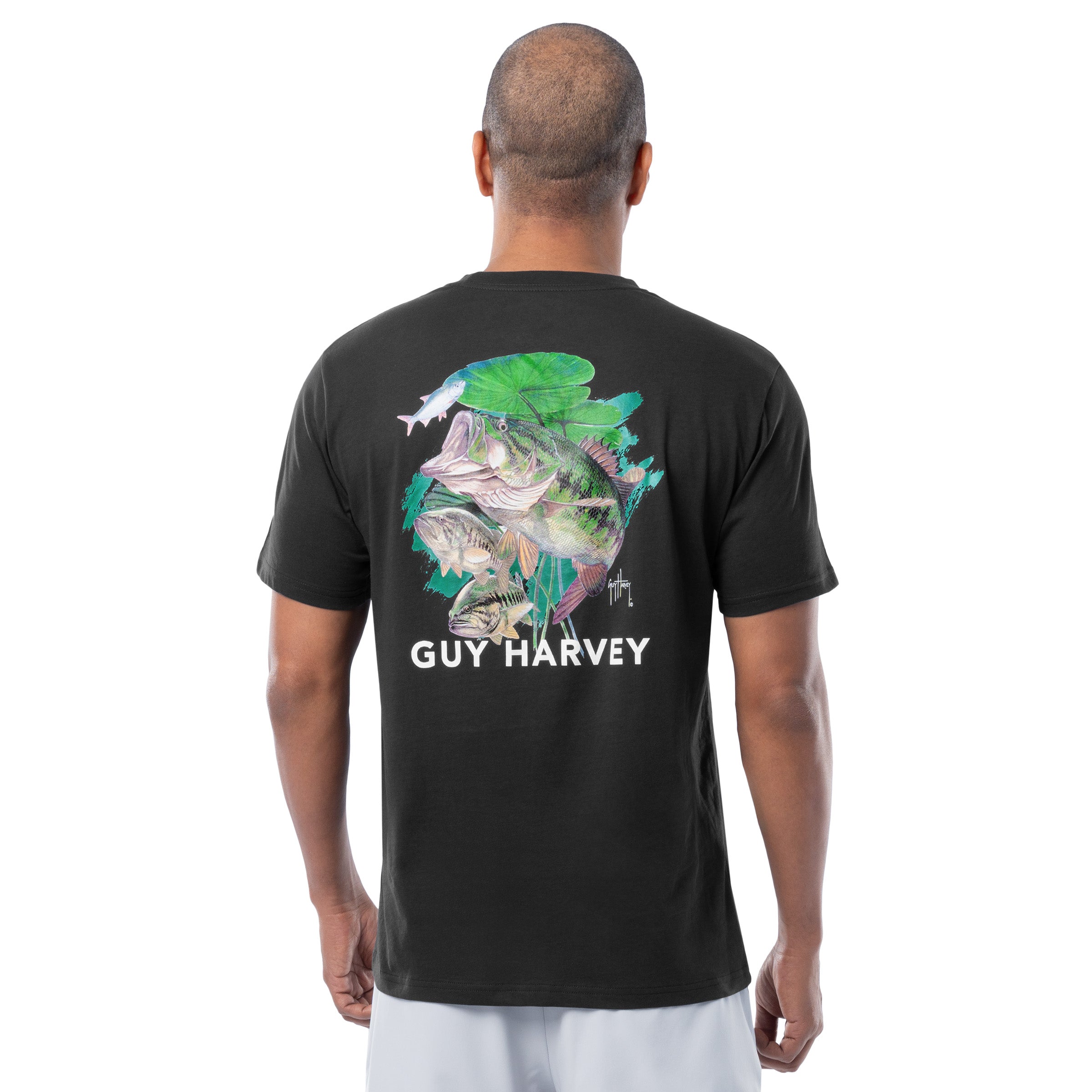 Back of Guy Harvey Men's Home of the Bass Lightweight Tee featuring bass fish artwork and lily pads with bold GUY HARVEY logo