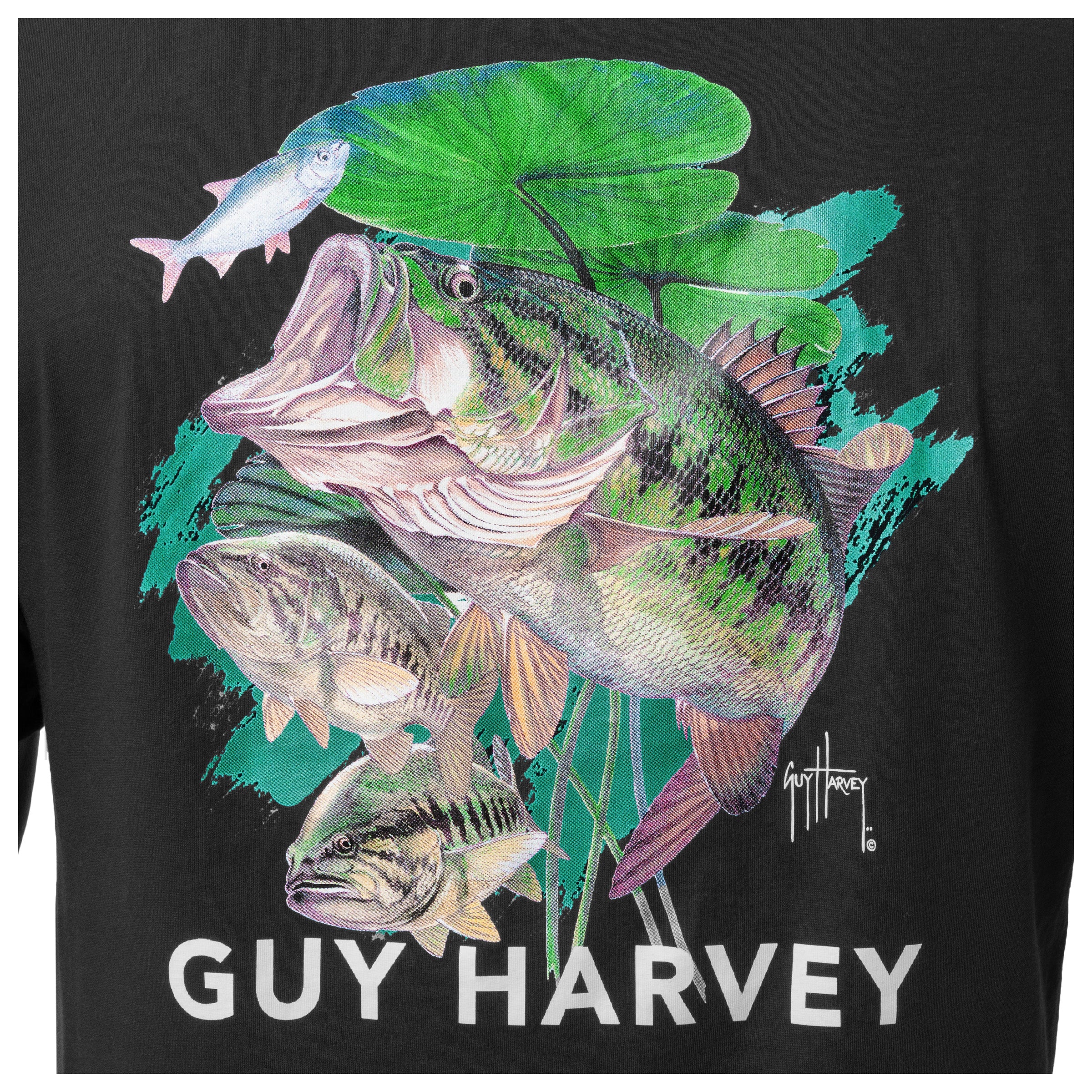 Black t-shirt with Guy Harvey fish illustration featuring a large bass and smaller fish.