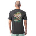 Man wearing a black t-shirt with a colorful bass fish graphic on the back against a white background