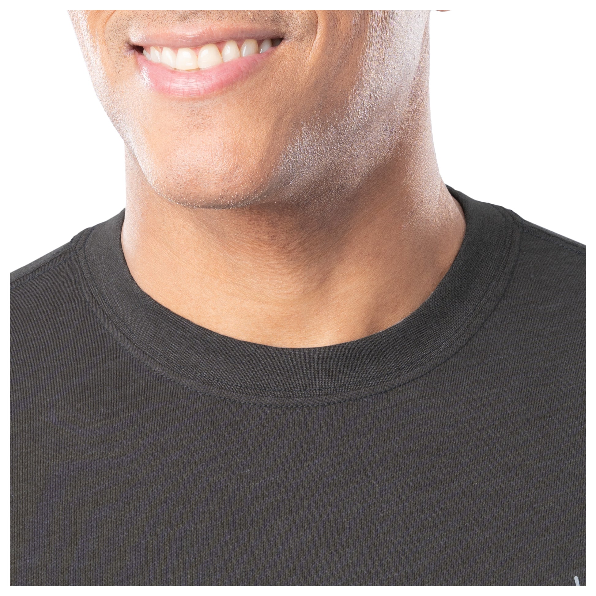 Close-up of a person wearing a black t-shirt on a white background