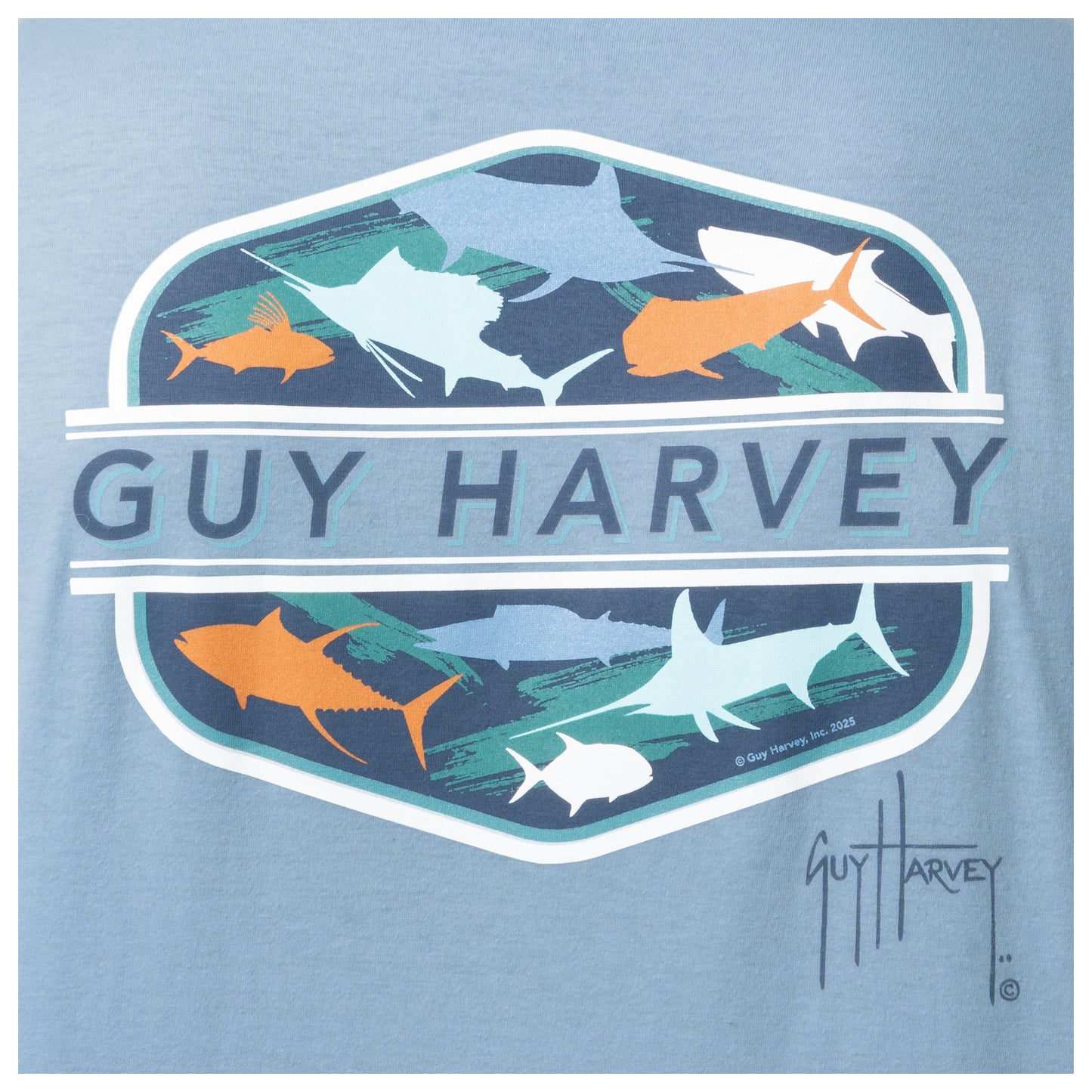 Guy Harvey logo with fish illustrations on a light blue background
