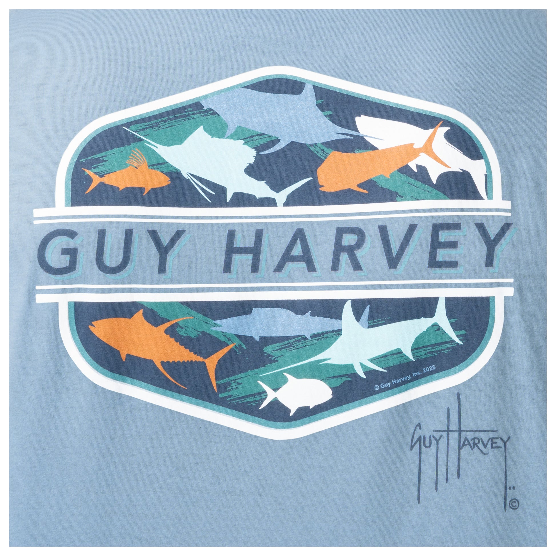 Guy Harvey logo with fish illustrations on a light blue background