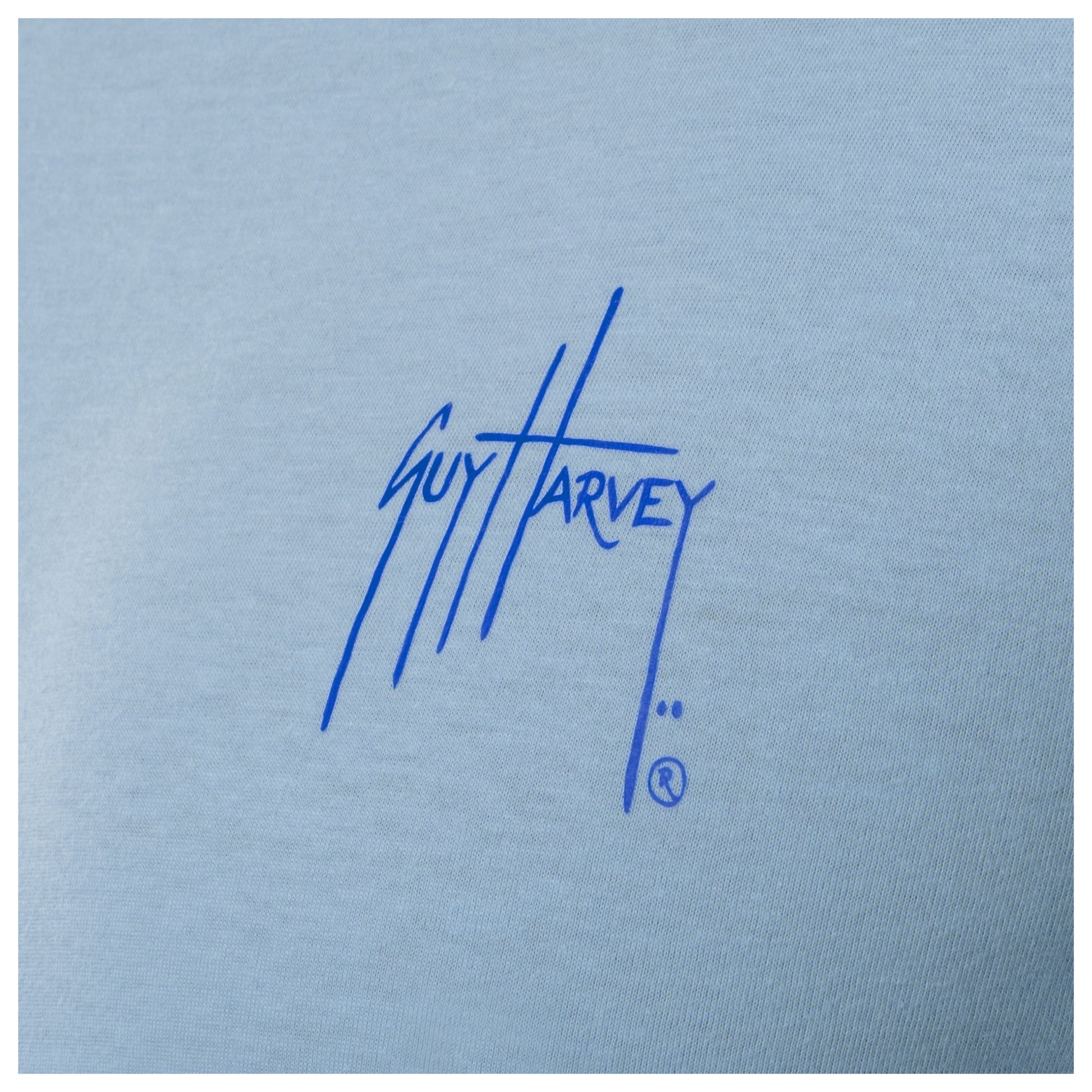 Blue Guy Harvey logo on a light blue background