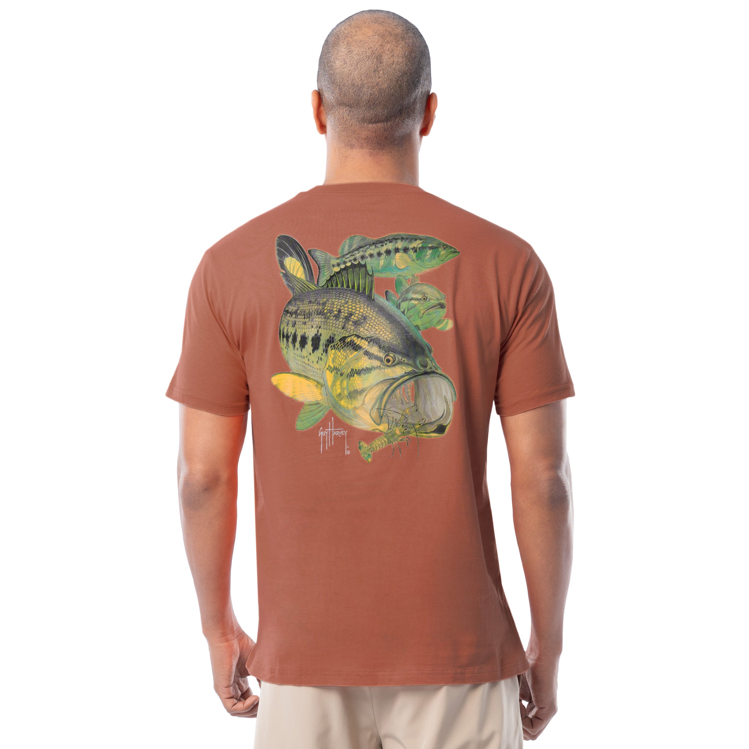 Back of Guy Harvey Men's Largemouth Bass Crawdad Lightweight Tee featuring a largemouth bass chasing a crawdad lure.