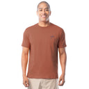 Man wearing a orange t-shirt with a Guy Harvey on a white background