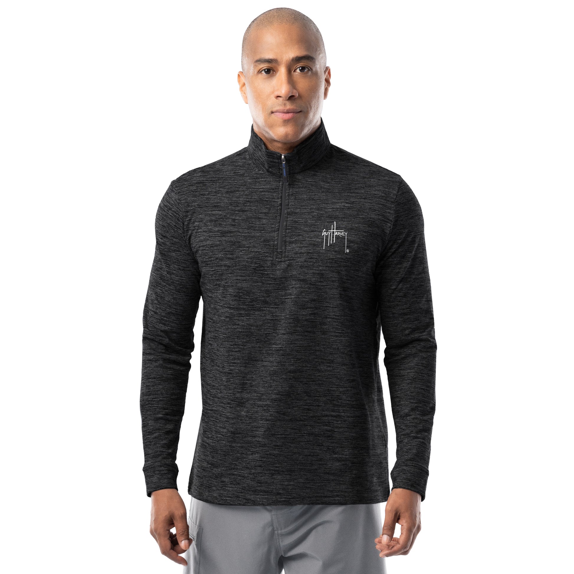 Guy Harvey men’s black fleece quarter zip pullover front view, brushed mid-weight fabric with minimalist logo