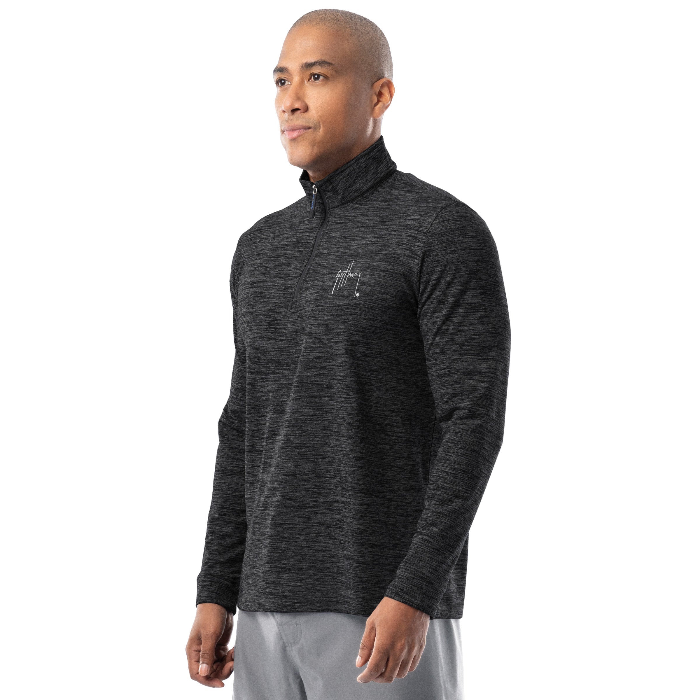 Guy Harvey men’s black fleece quarter zip pullover side view highlighting modern fit and soft stretch fabric