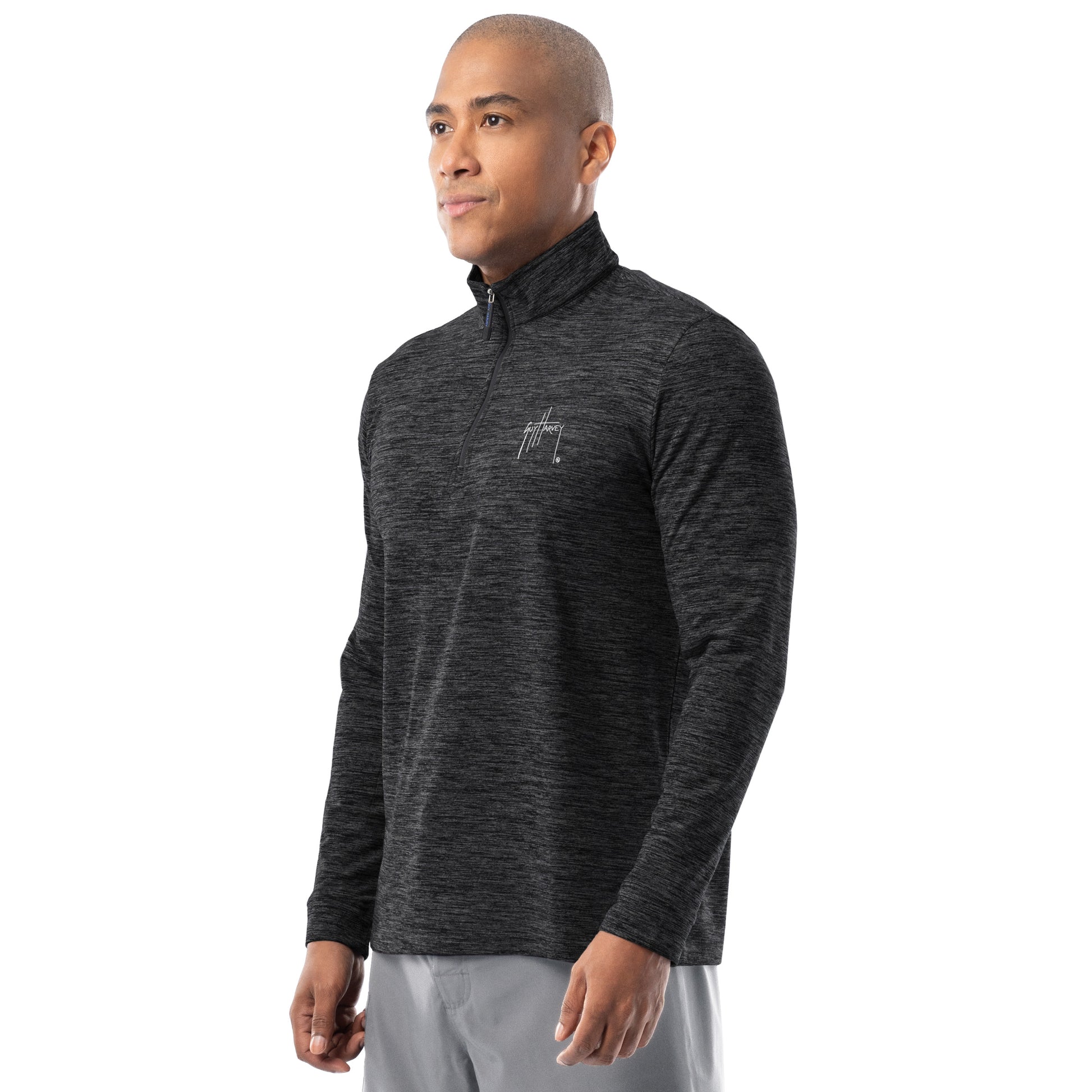 Guy Harvey men’s black fleece quarter zip pullover side view highlighting modern fit and soft stretch fabric