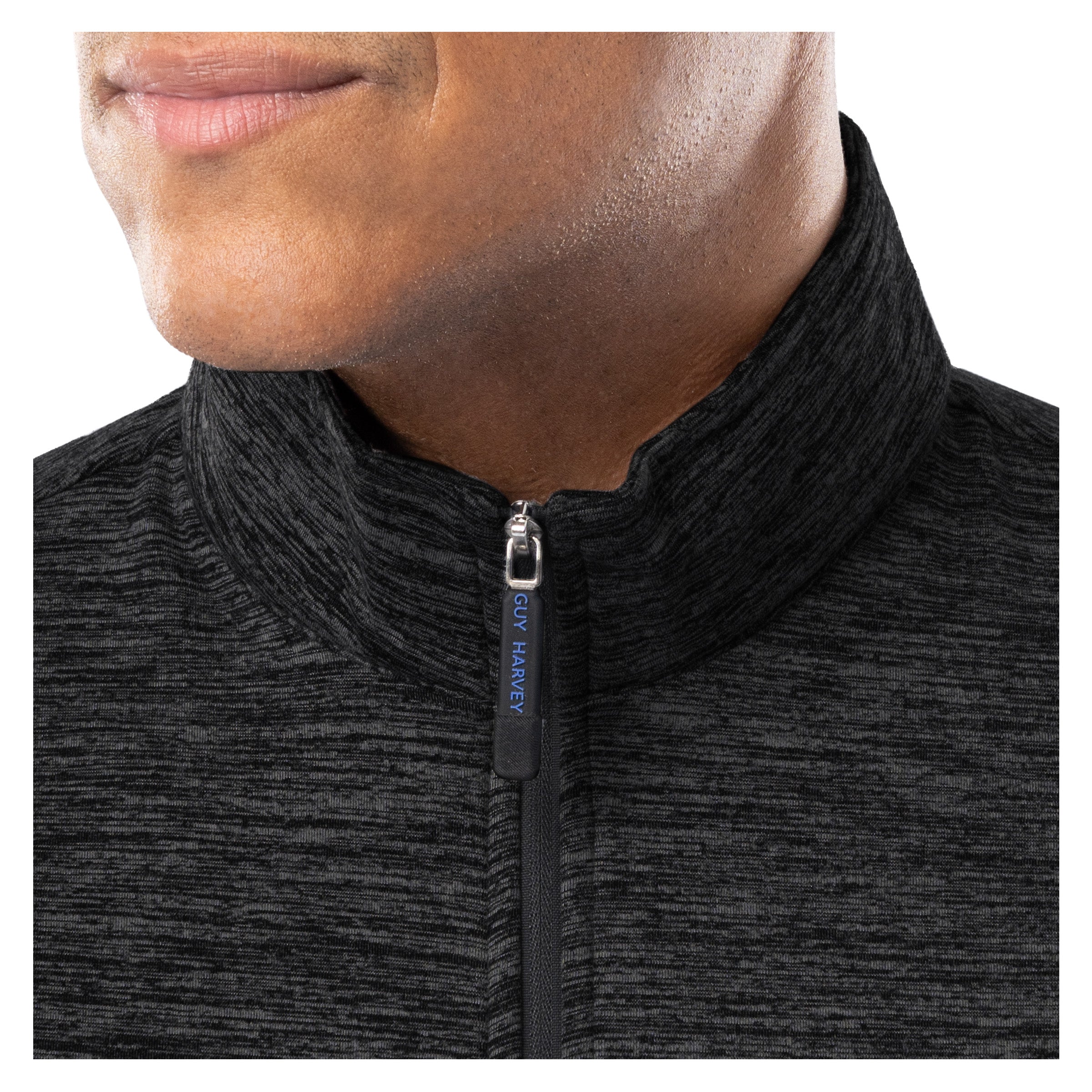Close-up of Guy Harvey men’s black fleece quarter zip collar with zipper detail and stand-up neckline