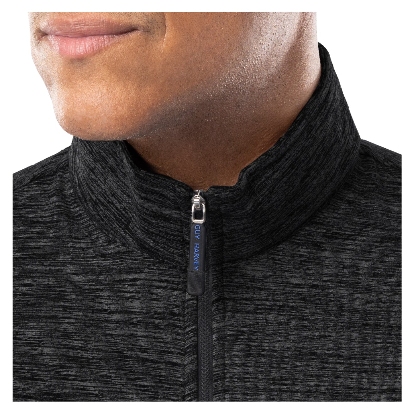Close-up of Guy Harvey men’s black fleece quarter zip collar with zipper detail and stand-up neckline