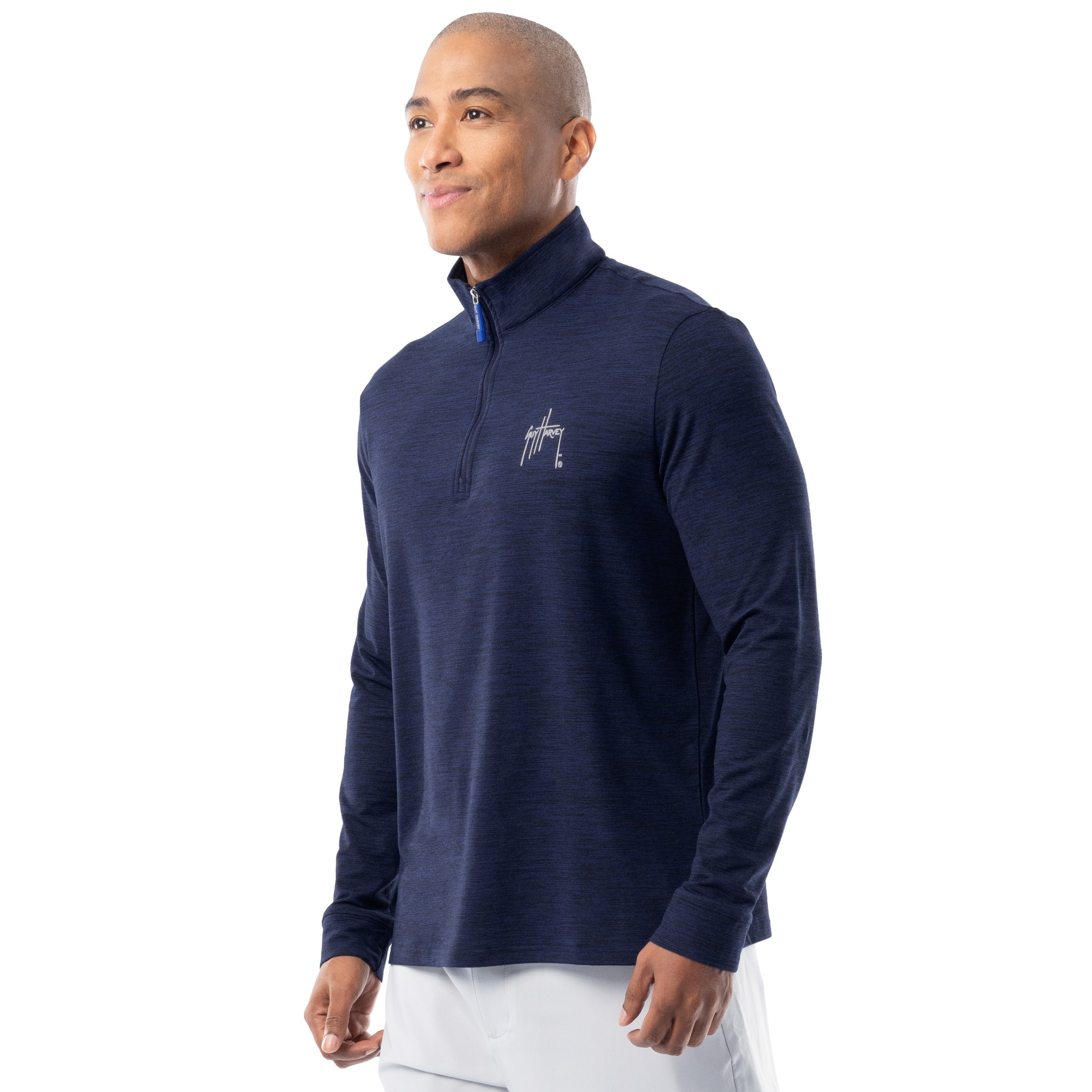 Guy Harvey men’s navy fleece quarter zip pullover side view highlighting soft stretch fabric and modern fit
