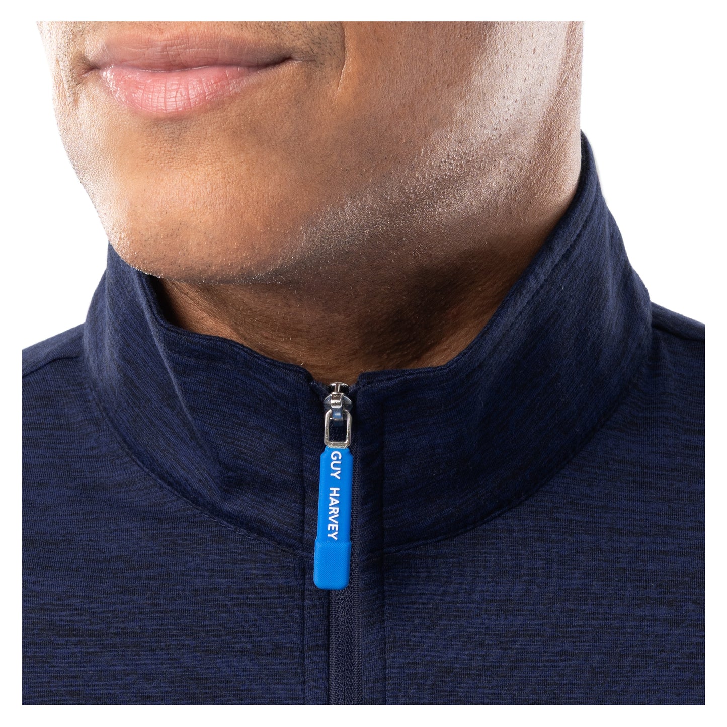 Close-up of Guy Harvey men’s navy fleece quarter zip collar with blue branded zipper and stand-up neckline