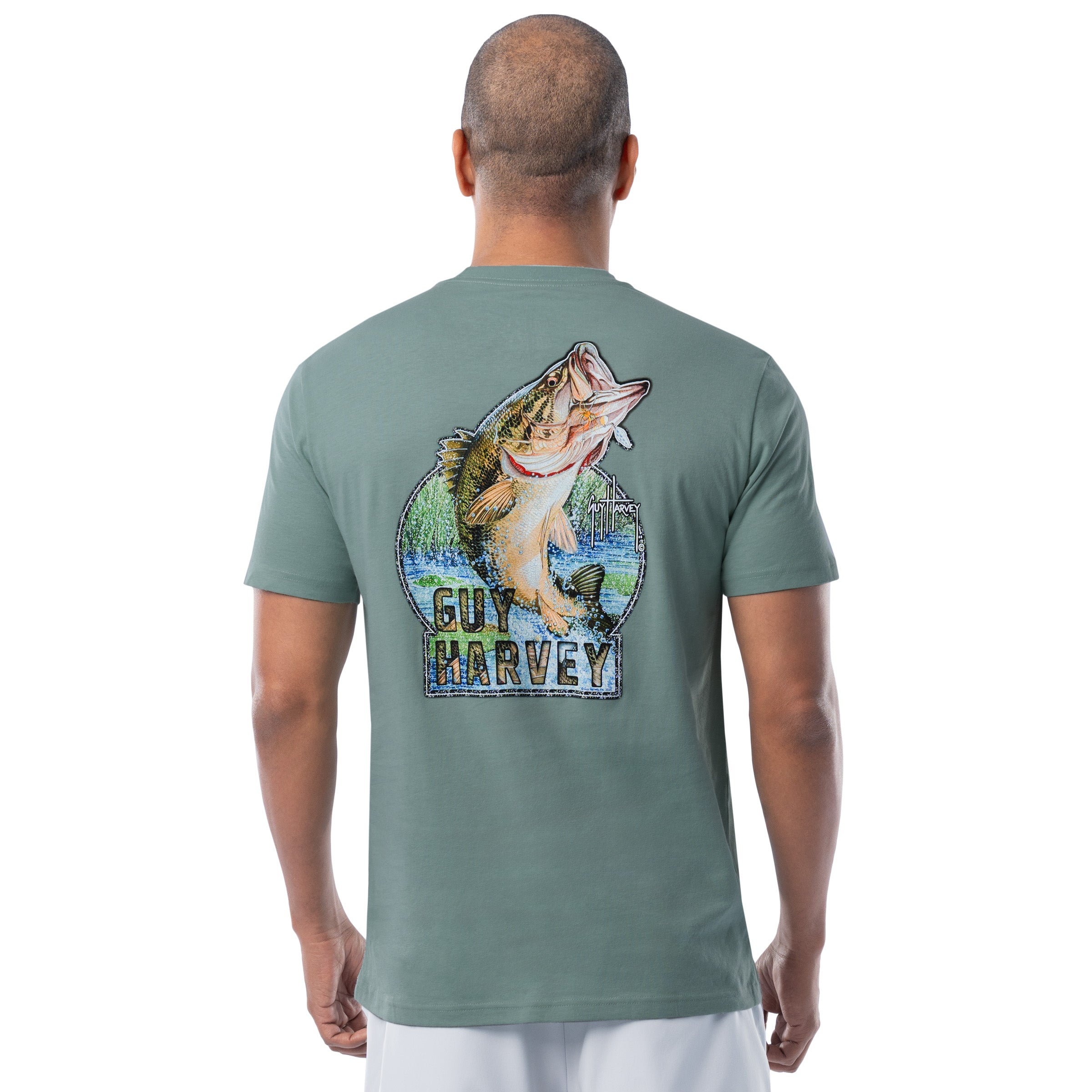 Men’s freshwater bass fishing T-shirt in green with original Guy Harvey artwork on the back.