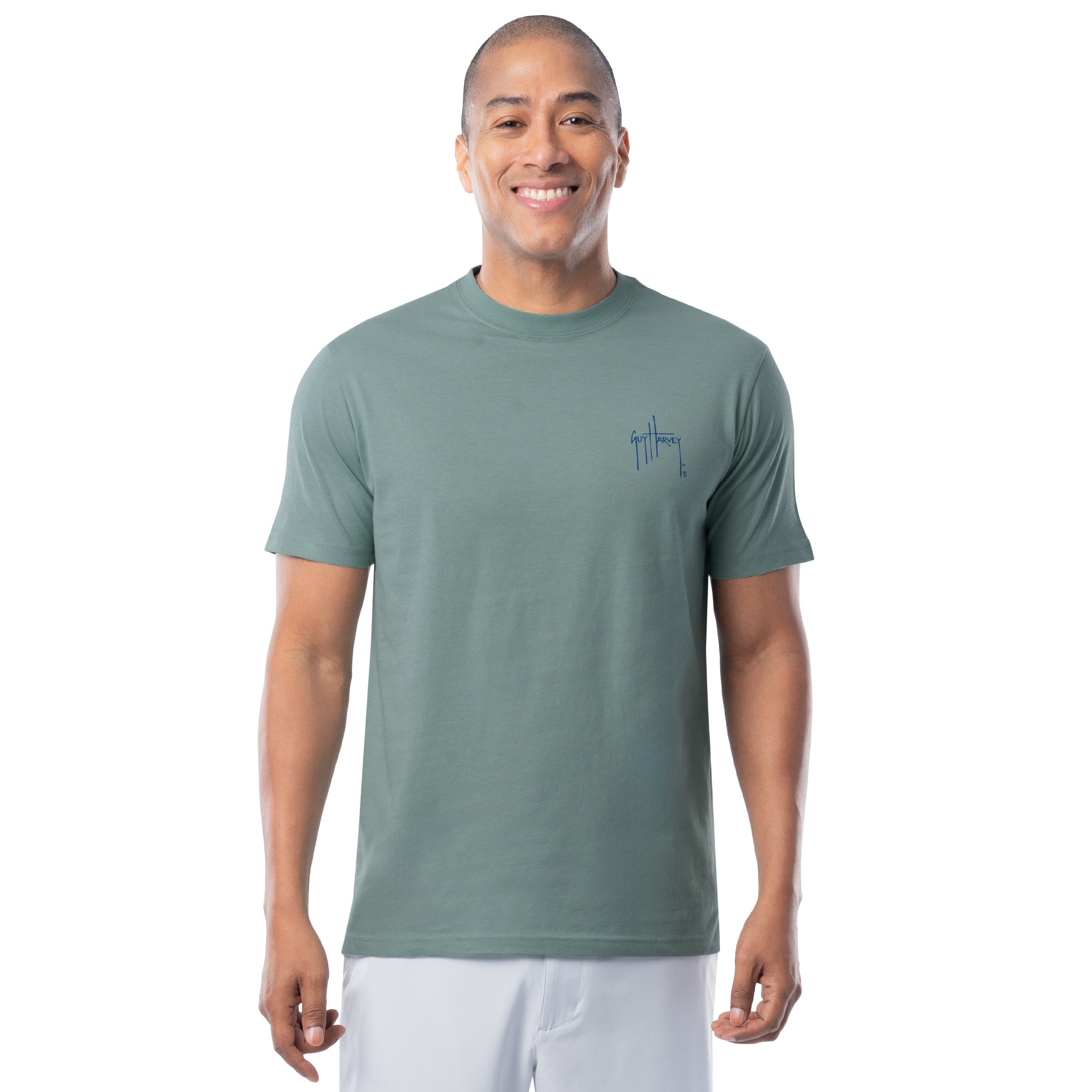 Men’s green freshwater fishing T-shirt with small Guy Harvey logo on the chest