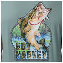 Close-up of largemouth bass artwork on green Guy Harvey freshwater fishing T-shirt