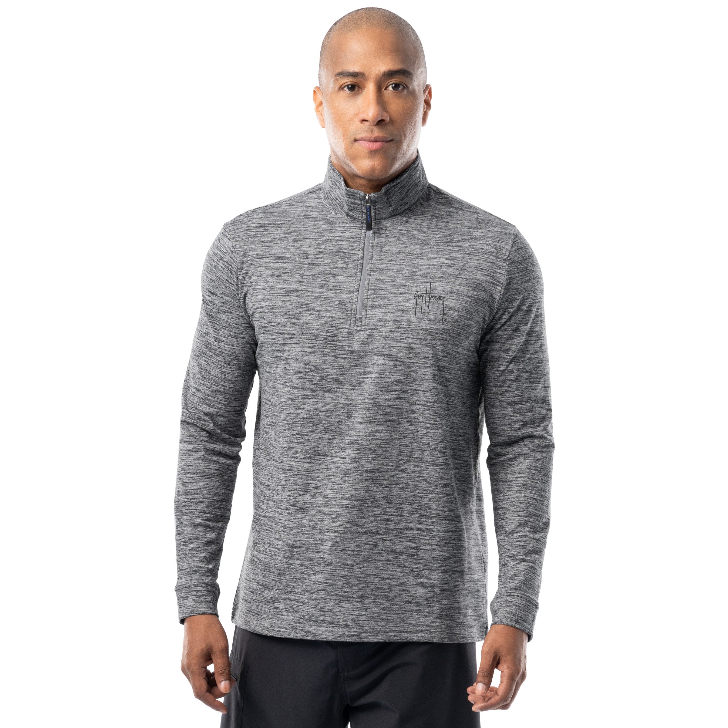 Guy Harvey men’s heather gray fleece quarter zip pullover front view, brushed mid-weight fabric with minimalist logo