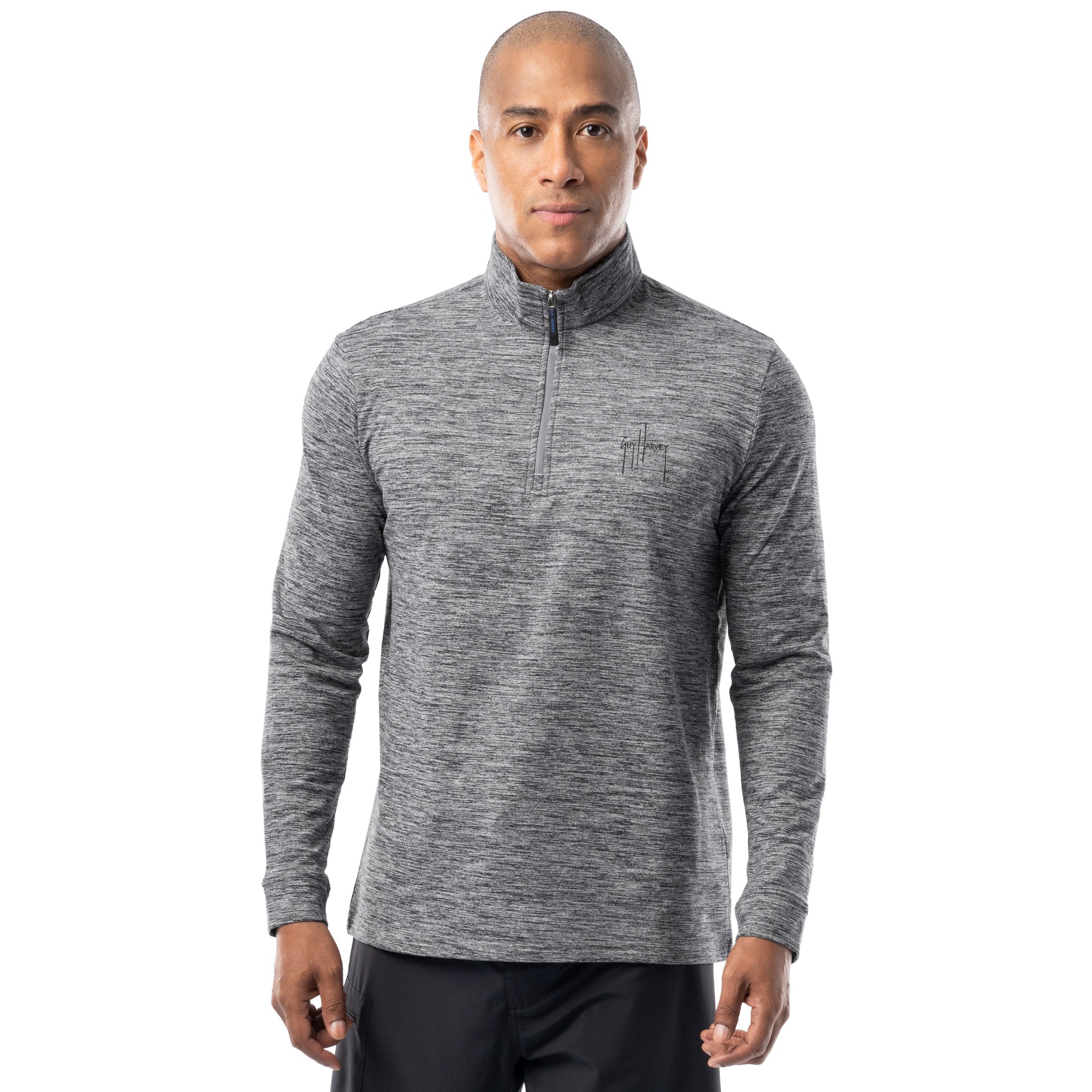 Guy Harvey men’s heather gray fleece quarter zip pullover front view, brushed mid-weight fabric with minimalist logo