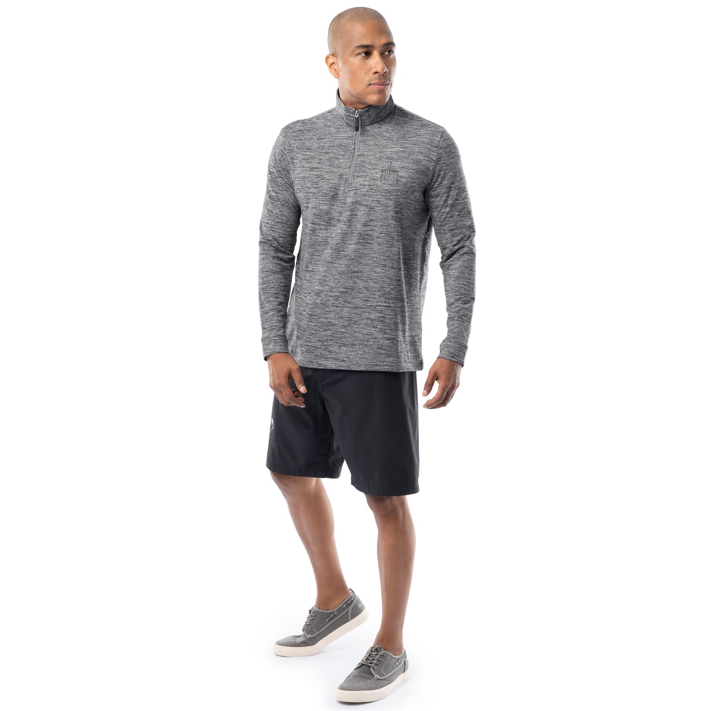 Guy Harvey men’s heather gray fleece quarter zip pullover styled with black shorts, full-body view