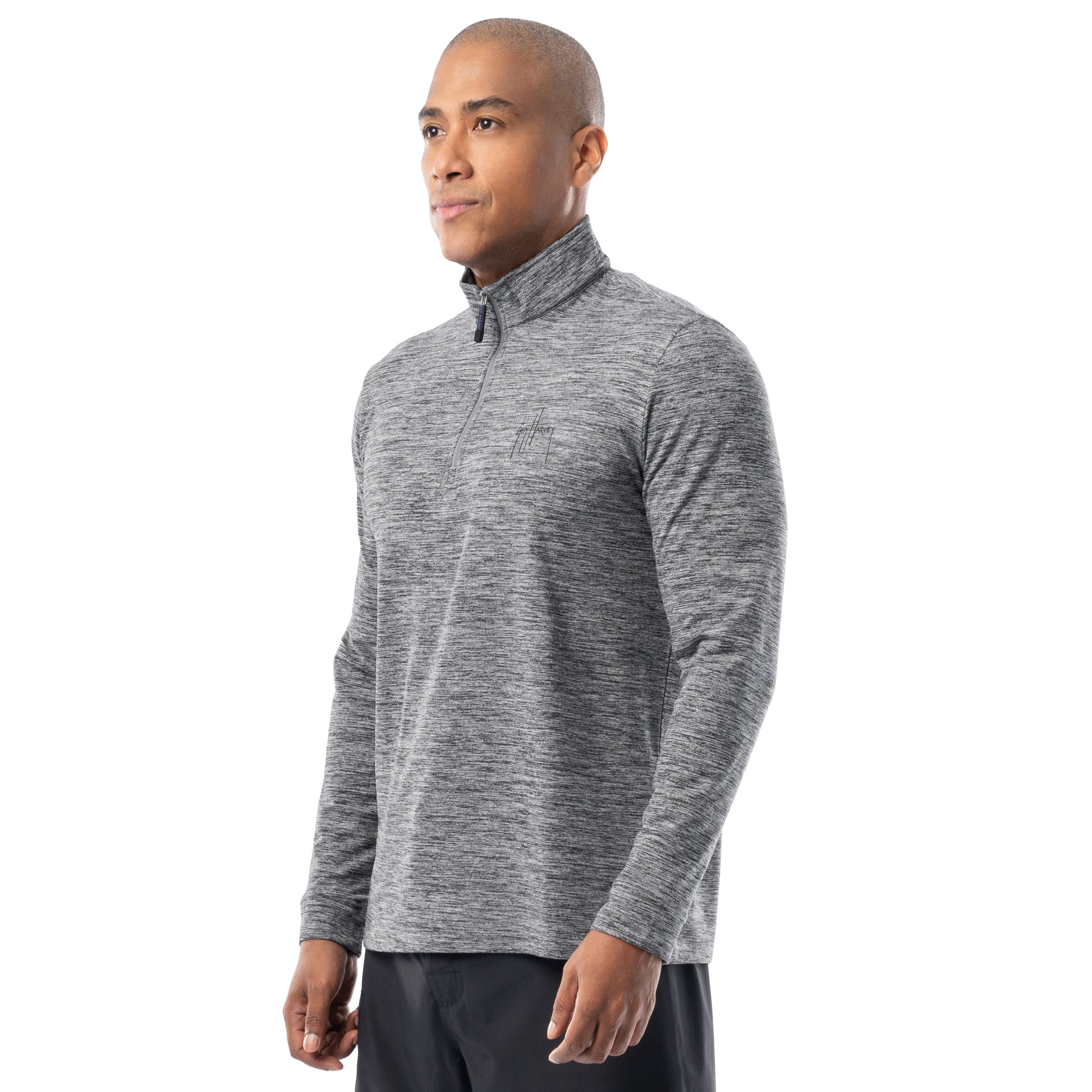 Guy Harvey men’s heather gray fleece quarter zip pullover side view highlighting soft stretch fabric and modern fit