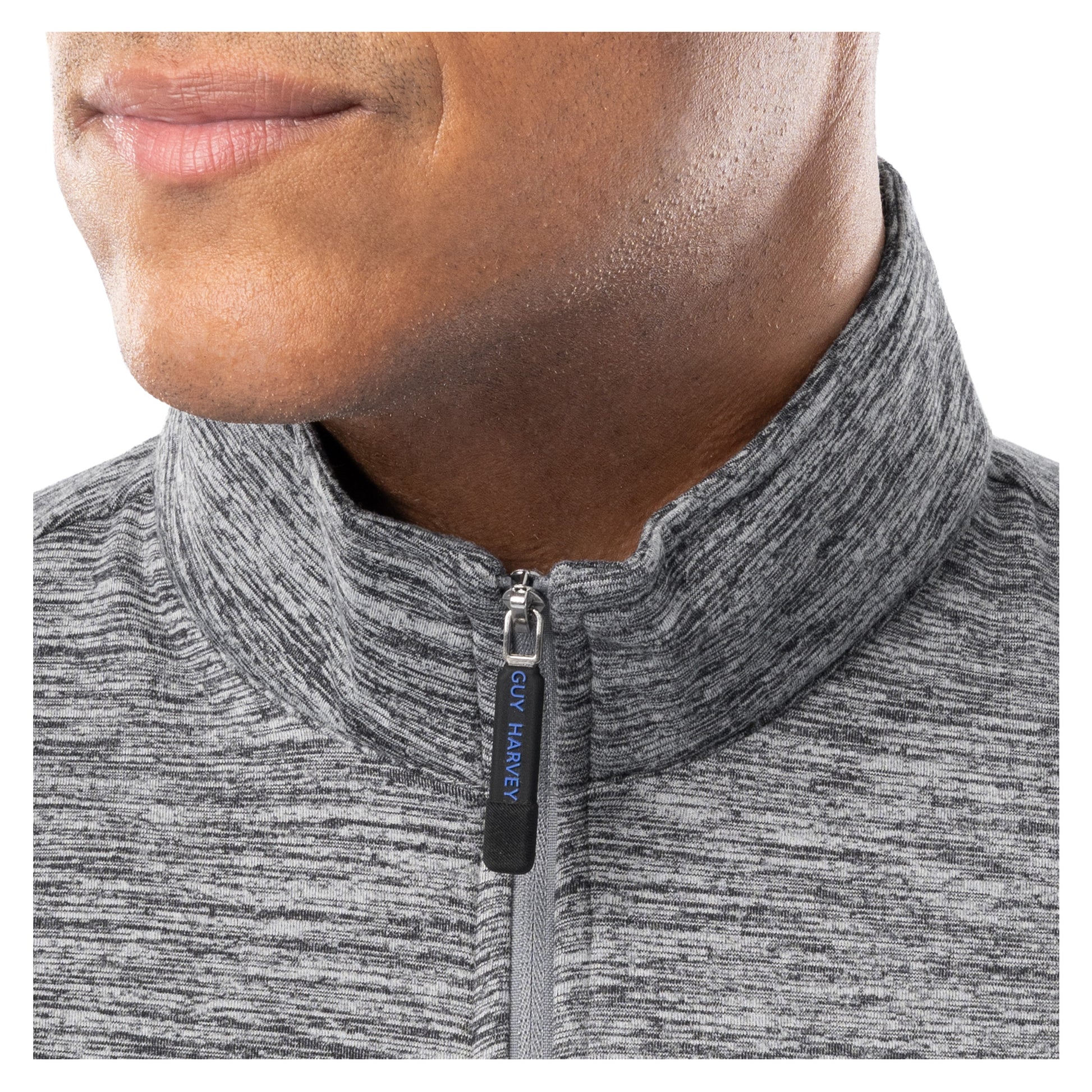Close-up of Guy Harvey men’s heather gray fleece quarter zip collar with branded zipper and stand-up neckline