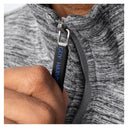 Close-up of Guy Harvey branded zipper pull on heather gray fleece quarter zip pullover