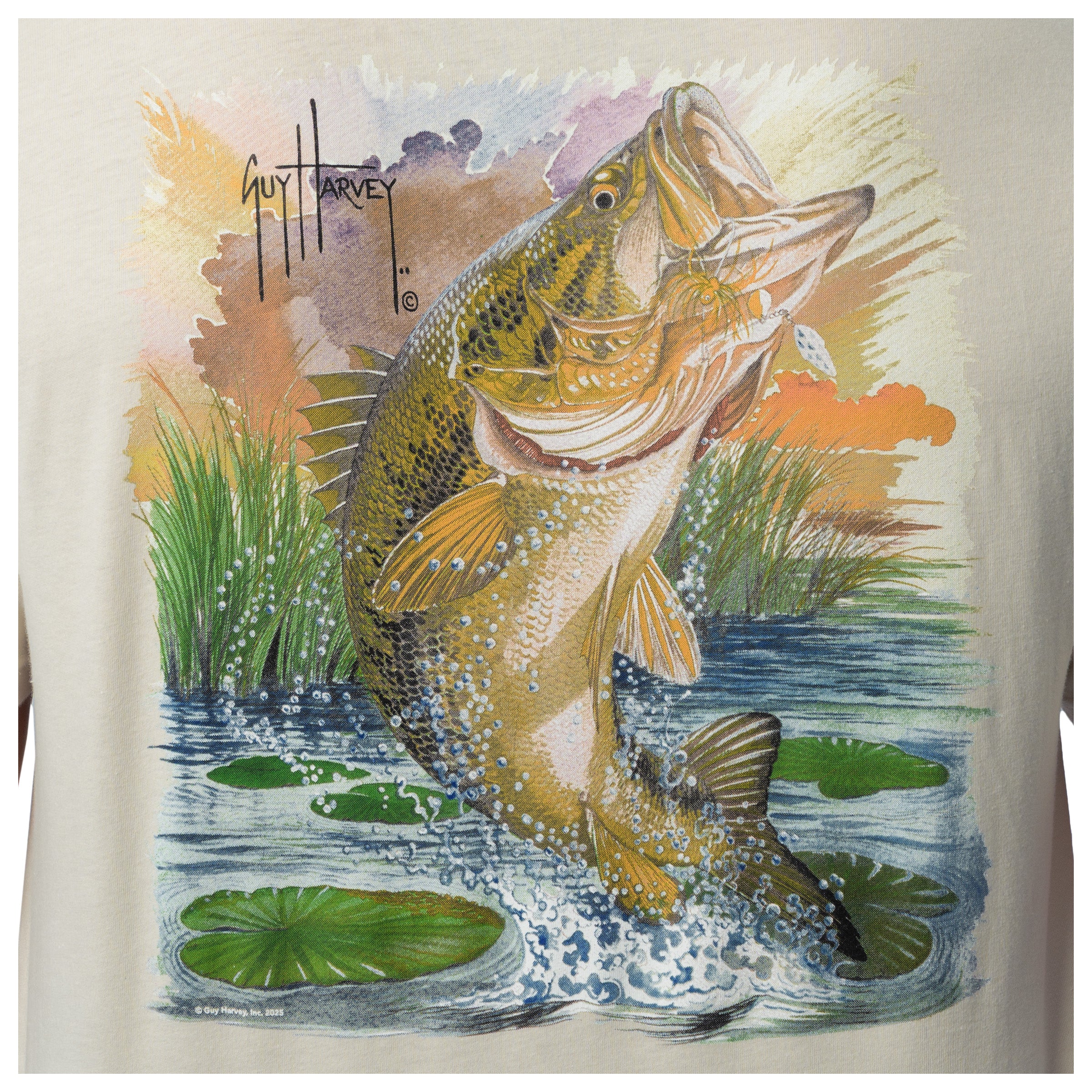 Illustration of a bass fish jumping out of the water with lily pads and grass, signed 'Guy Harvey'.