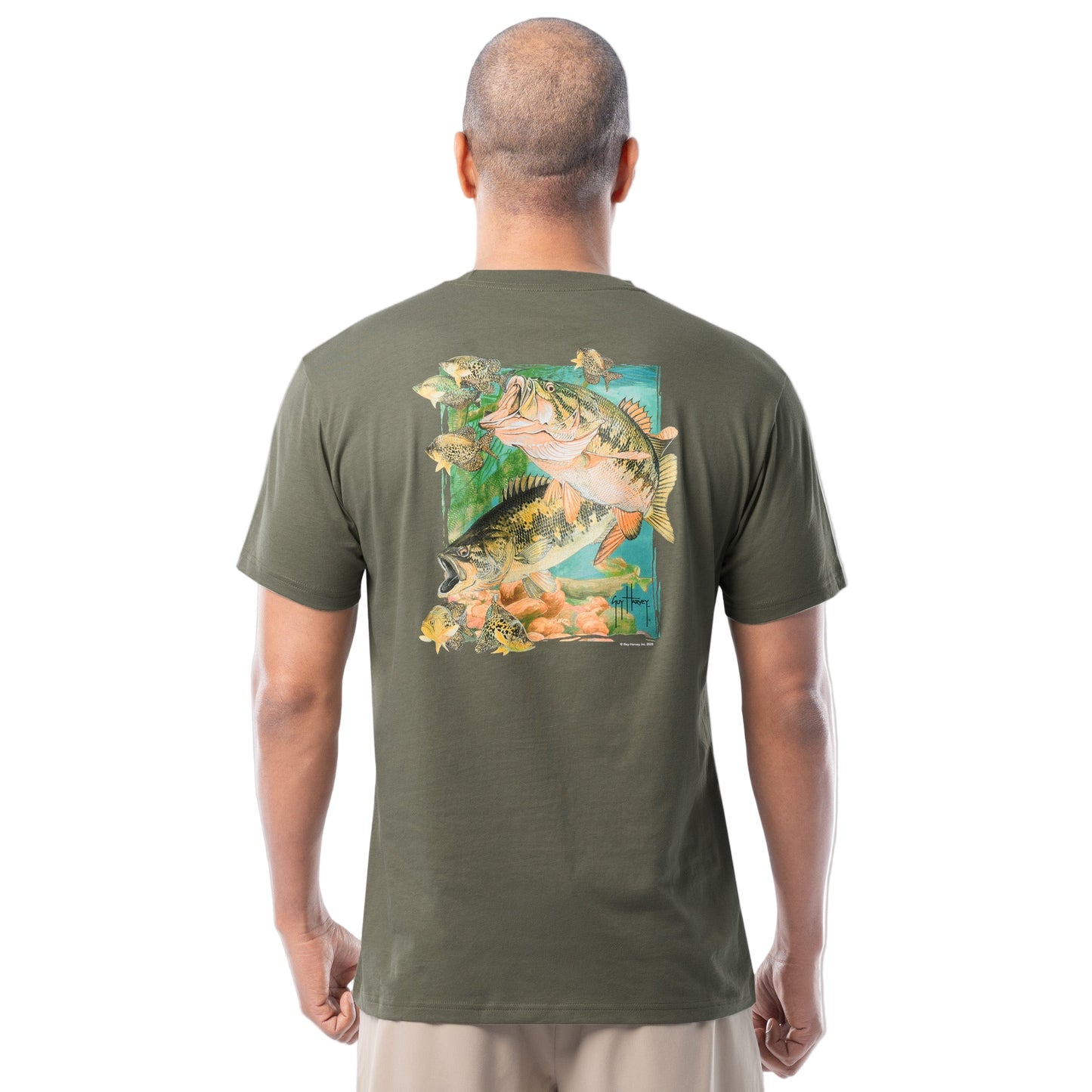 Back of Guy Harvey Men's Largemouth Lunge Lightweight Tee featuring a largemouth bass mid-lunge in a freshwater environment
