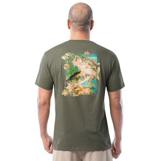Back of Guy Harvey Men's Largemouth Lunge Lightweight Tee featuring a largemouth bass mid-lunge in a freshwater environment